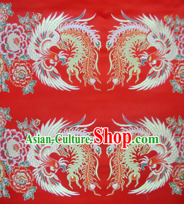 Chinese Traditional Costume Royal Palace Phoenix Pattern Red Satin Nanjing Brocade Fabric, Chinese Ancient Clothing Drapery Hanfu Cheongsam Material