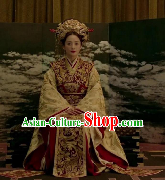 Traditional Chinese Tang Dynasty Imperial Empress Embroidered Trailing Costume and Headpiece Complete Set for Women