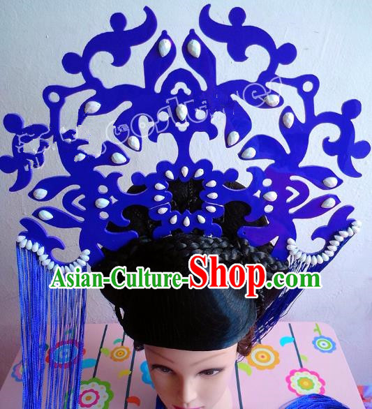 Asian Traditional China Blue Tassel Headpiece Model Show Headdress Ceremonial Occasions Hair Accessories and Wig