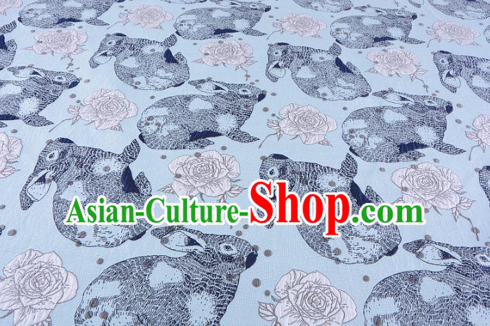 Chinese Traditional Costume Royal Palace Rabbit Flowers Pattern Blue Fabric, Chinese Ancient Clothing Drapery Hanfu Cheongsam Material