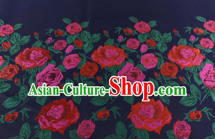 Chinese Traditional Costume Royal Palace Printing Rose Navy Brocade Fabric, Chinese Ancient Clothing Drapery Hanfu Cheongsam Material