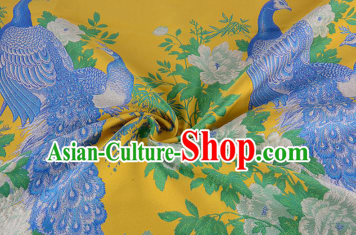 Chinese Traditional Costume Royal Palace Printing Peacock Peony Yellow Brocade Fabric, Chinese Ancient Clothing Drapery Hanfu Cheongsam Material