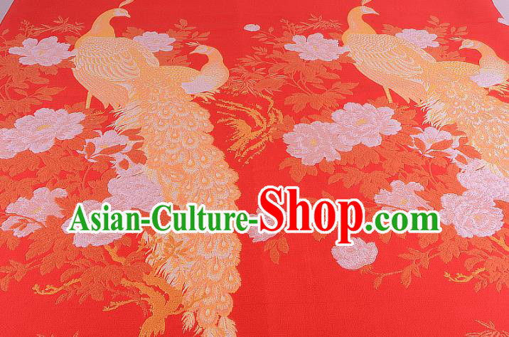 Chinese Traditional Costume Royal Palace Printing Peacock Peony Red Brocade Fabric, Chinese Ancient Clothing Drapery Hanfu Cheongsam Material