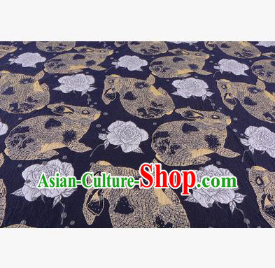 Chinese Traditional Costume Royal Palace Golden Rabbit Flowers Pattern Navy Fabric, Chinese Ancient Clothing Drapery Hanfu Cheongsam Material