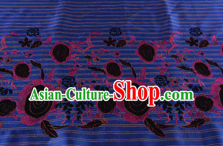 Chinese Traditional Costume Royal Palace Printing Rose Deep Blue Brocade Fabric, Chinese Ancient Clothing Drapery Hanfu Cheongsam Material