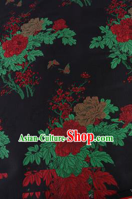 Chinese Traditional Costume Royal Palace Printing Red Peony Pattern Black Brocade Fabric, Chinese Ancient Clothing Drapery Hanfu Cheongsam Material