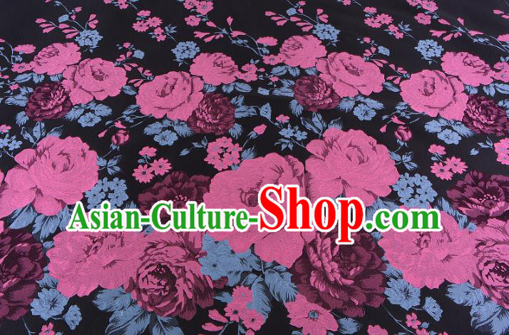 Chinese Traditional Costume Royal Palace Printing Pink Peony Pattern Black Brocade Fabric, Chinese Ancient Clothing Drapery Hanfu Cheongsam Material