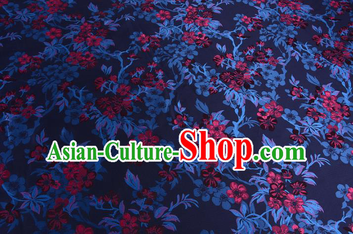 Chinese Traditional Costume Royal Palace Wintersweet Pattern Deep Blue Brocade Fabric, Chinese Ancient Clothing Drapery Hanfu Cheongsam Material