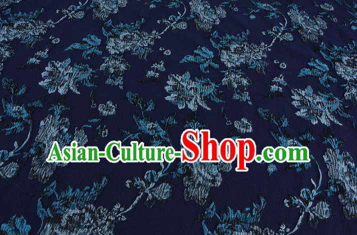 Chinese Traditional Costume Royal Palace Printing Flowers Navy Satin Brocade Fabric, Chinese Ancient Clothing Drapery Hanfu Cheongsam Material