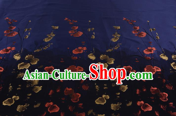 Chinese Traditional Costume Royal Palace Printing Flowers Navy Satin Brocade Fabric, Chinese Ancient Clothing Drapery Hanfu Cheongsam Material