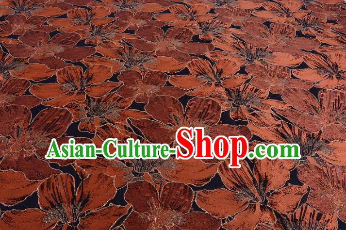 Chinese Traditional Costume Royal Palace Printing Orange Lily Flowers Black Satin Brocade Fabric, Chinese Ancient Clothing Drapery Hanfu Cheongsam Material