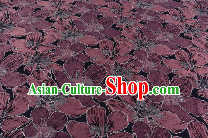 Chinese Traditional Costume Royal Palace Printing Purple Lily Flowers Black Satin Brocade Fabric, Chinese Ancient Clothing Drapery Hanfu Cheongsam Material