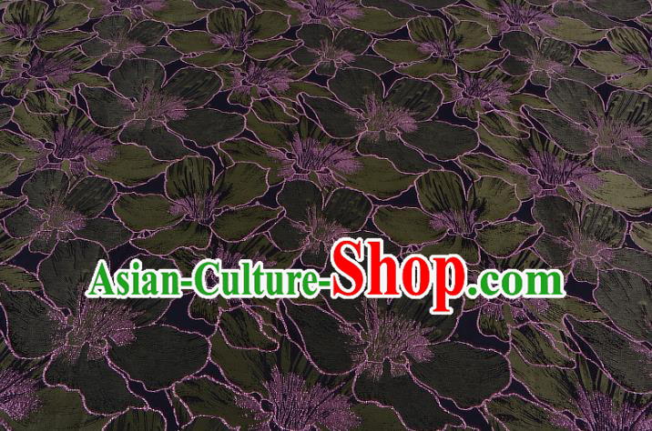 Chinese Traditional Costume Royal Palace Printing Green Lily Flowers Black Satin Brocade Fabric, Chinese Ancient Clothing Drapery Hanfu Cheongsam Material