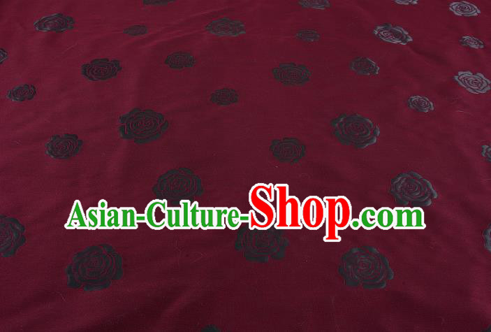 Chinese Traditional Costume Royal Palace Rose Pattern Wine Red Satin Brocade Fabric, Chinese Ancient Clothing Drapery Hanfu Cheongsam Material