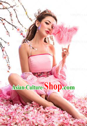 Traditional Ancient Chinese Imperial Consort Sexy Costume, Elegant Hanfu Tube Pink Dress Chinese Han Dynasty Imperial Emperess Tailing Clothing for Women