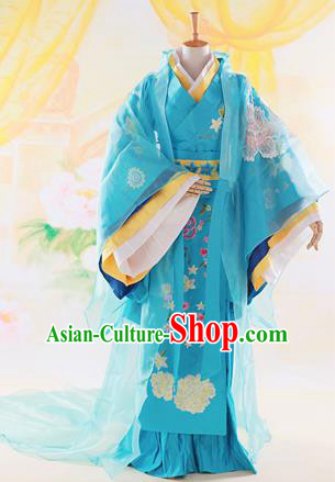Traditional Ancient Chinese High-Grade Imperial Princess Costume, Chinese Han Dynasty Lady Elegant Dress, Chinese Fairy Blue Clothing Embroidered Hanfu for Women