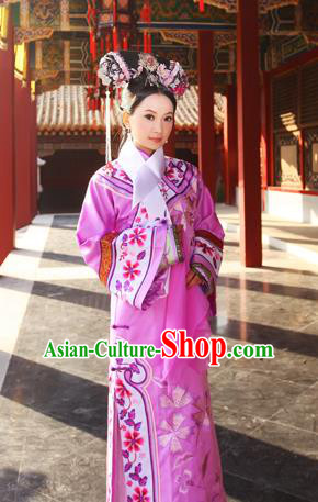 Traditional Ancient Chinese Imperial Consort Costume, Chinese Qing Dynasty Manchu Pink Dress, Cosplay Chinese Mandchous Imperial Princess Embroidered Clothing for Women