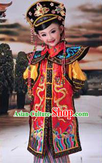 Traditional Ancient Chinese Imperial Princess Children Costume, Chinese Qing Dynasty Manchu Little Girl Phoenix Robe, Cosplay Chinese Concubine Embroidered Clothing for Kids