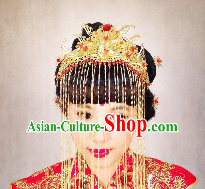 Chinese Wedding Jewelry Accessories Traditional Xiuhe Suits Wedding Bride Headwear Phoenix Coronet Wedding Tiara Ancient Chinese Tassel Harpins for Women