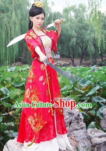 Ancient Chinese Swordsman Red Embroidered Costumes Red Hanfu Dress for Women