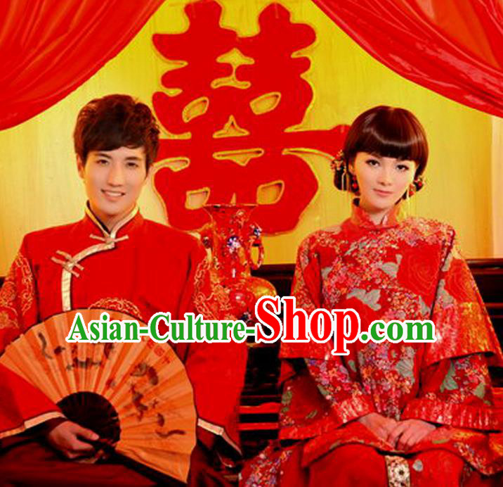 Traditional Ancient Chinese Costume Xiuhe Suits, Chinese Style Bride and Bridegroom Wedding Dress, Red Restoring Ancient Longfeng Flown Toast Cheongsam for Women for Men