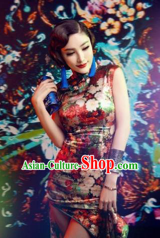 Traditional Ancient Chinese Young Women Cheongsam Dress, Republic of China Tangsuit Stand Collar Brocade Short Cheongsam for Women