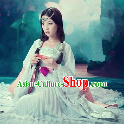 Traditional Ancient Chinese Imperial Consort Sexy Costume, Elegant Hanfu Clothing Chinese Tang Dynasty Imperial Emperess Tailing Blue Clothing for Women