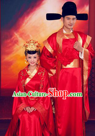 Traditional Ancient Chinese Imperial Consort and Emperor Wedding Costume Set, Elegant Hanfu Red Clothing Chinese Han Dynasty Imperial Queen and King Tailing Embroidered Clothing for Women for Men