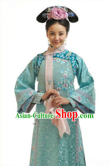 Traditional Ancient Chinese Princess Consort Costume, Chinese Qing Dynasty Manchu Lady Dress, Chinese Mandarin Consort Robes Imperial Concubine Embroidered Clothing for Women