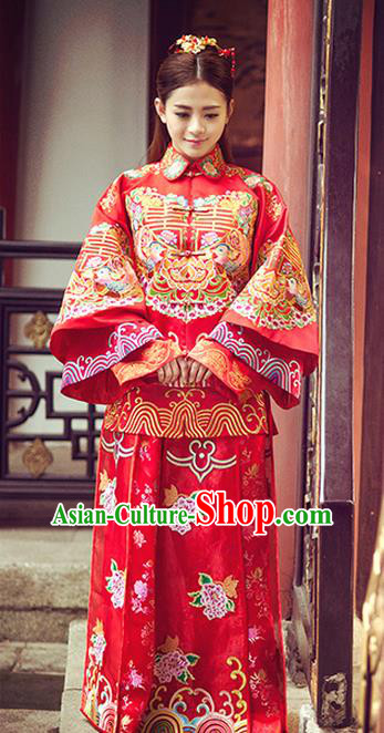 Traditional Ancient Chinese Costume Xiuhe Suits, Chinese Style Wedding Bride Dress, Restoring Ancient Women Red Embroidered Mandarin Duck Flown, Bride Toast Cheongsam for Women