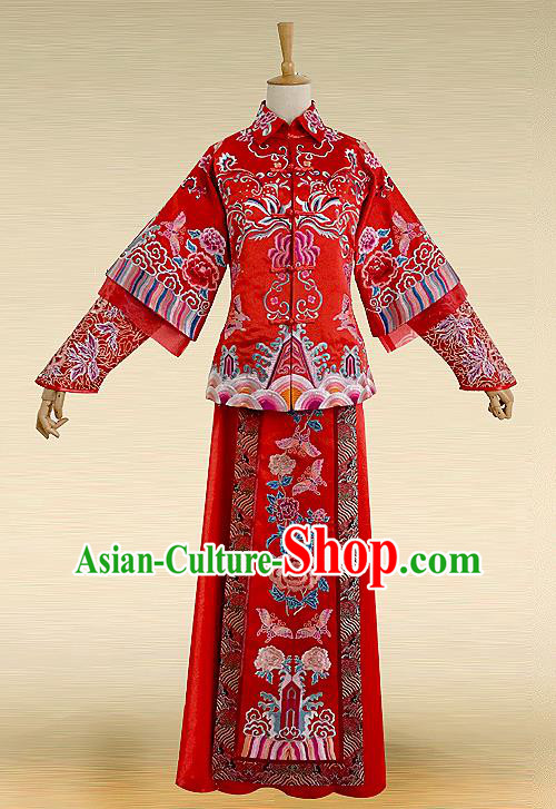 Traditional Ancient Chinese Costume Xiuhe Suits, Chinese Style Wedding Bride Full Dress, Restoring Ancient Women Red Embroidered Flowers Phoenix Slim Flown, Bride Toast Cheongsam for Women