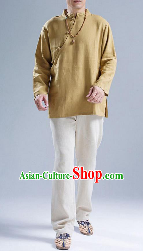 Top Chinese National Tang Suits Flax Frock Costume, Martial Arts Kung Fu Slant Opening Brown Blouse, Kung fu Plate Buttons Unlined Upper Garment, Chinese Taichi Shirts Wushu Clothing for Men