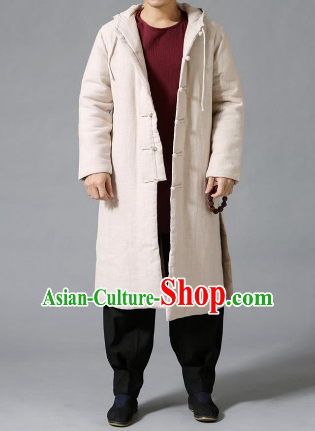 Top Chinese National Tang Suits Flax Frock Costume, Martial Arts Kung Fu Front Opening Beige Coats, Kung fu Plate Buttons Unlined Upper Garment Hooded Robes, Chinese Taichi Cotton-Padded Dust Coats Wushu Clothing for Men