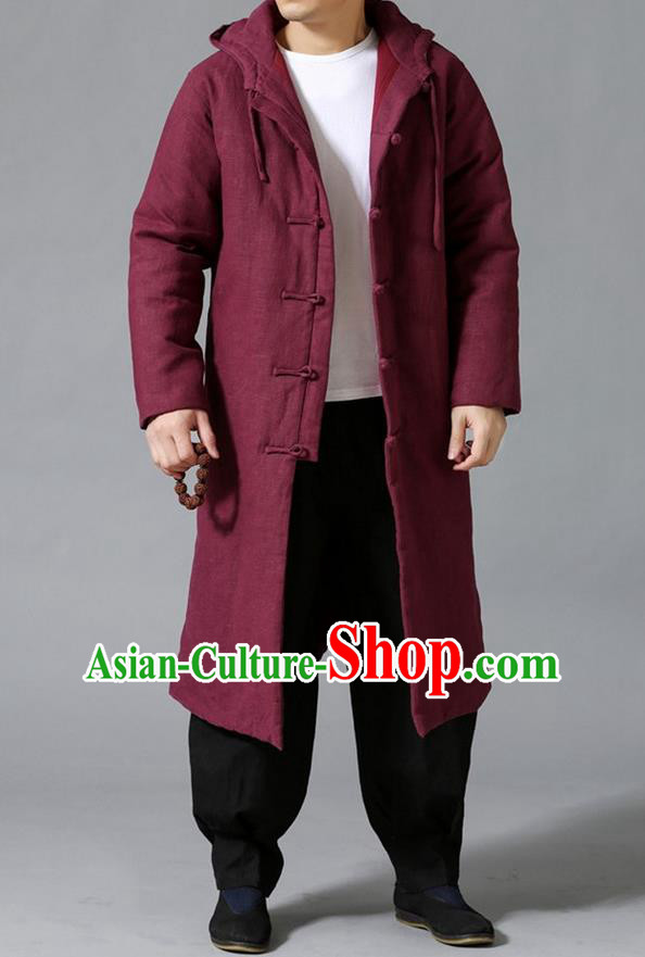 Top Chinese National Tang Suits Flax Frock Costume, Martial Arts Kung Fu Front Opening Fuchsias Coats, Kung fu Plate Buttons Unlined Upper Garment Hooded Robes, Chinese Taichi Cotton-Padded Dust Coats Wushu Clothing for Men