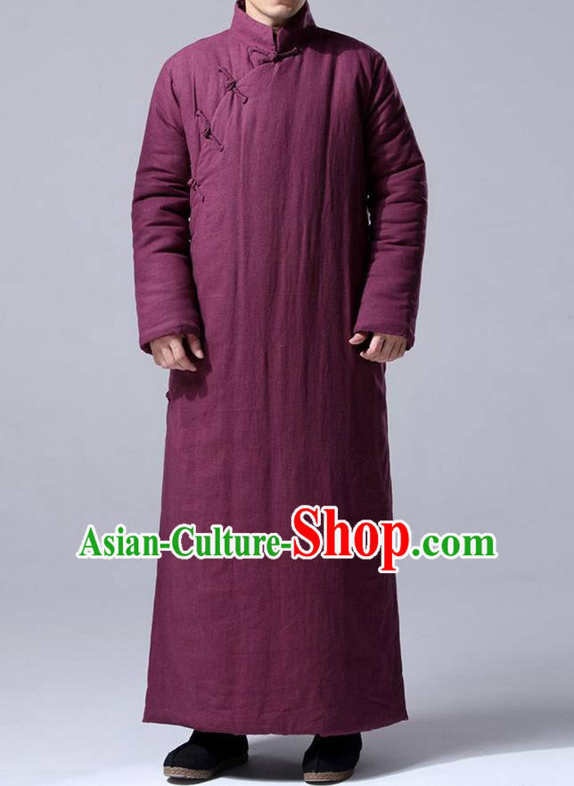 Traditional Top Chinese National Tang Suits Flax Frock Costume, Martial Arts Kung Fu Front Slant Fuchsia Teacher Coats, Kung fu Plate Buttons Unlined Upper Garment Robes, Chinese Taichi Cotton-Padded Robe Dust Coats Wushu Clothing for Men