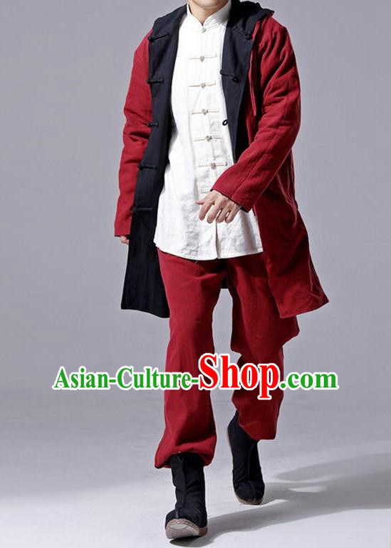 Traditional Top Chinese National Tang Suits Flax Frock Costume, Martial Arts Kung Fu Front Opening Double Color Black Red Coats, Kung fu Plate Buttons Unlined Upper Garment Hooded Robes, Chinese Taichi Double Side Dust Coats Wushu Clothing for Men