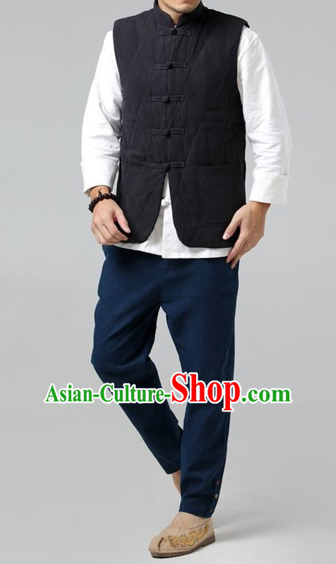 Traditional 	 Top Chinese National Tang Suits Flax Frock Costume, Martial Arts Kung Fu Front Opening Black Vests, Kung fu Plate Buttons Unlined Upper Garment Waistcoat, Chinese Taichi Cotton-Padded Vest Wushu Clothing for Men