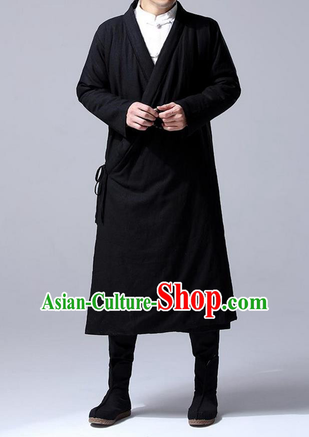 Traditional 	 Top Chinese National Tang Suits Flax Frock Costume, Martial Arts Kung Fu Slant Opening Black Hanfu Long Gown, Kung fu Plate Buttons Unlined Upper Garment Coat, Chinese Taichi Cotton-Padded Robes Wushu Clothing for Men