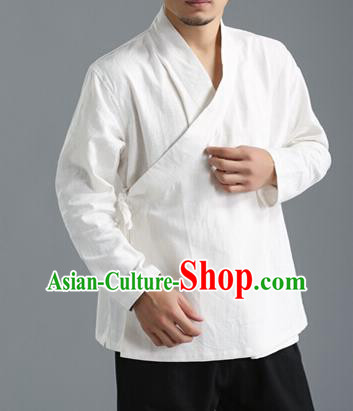 Traditional Top Chinese National Tang Suits Flax Frock Costume, Martial Arts Kung Fu Slant Opening White Coats, Kung fu Unlined Upper Garment Jacket, Chinese Taichi Short Coats Wushu Clothing for Men