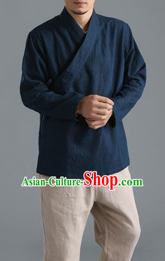 Traditional Top Chinese National Tang Suits Flax Frock Costume, Martial Arts Kung Fu Slant Opening Blue Coats, Kung fu Unlined Upper Garment Jacket, Chinese Taichi Short Coats Wushu Clothing for Men