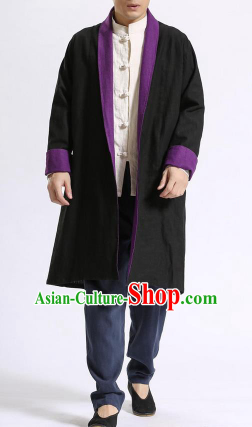 Traditional Top Chinese National Tang Suits Flax Frock Costume, Martial Arts Kung Fu Beige Lapel Double-sided Black-Violet Cardigan, Kung fu Unlined Upper Garment Cloak, Chinese Taichi Dust Coats Wushu Clothing for Men