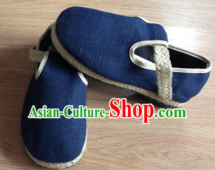 Traditional Top Chinese National Flax Frock Shoes, Martial Arts Kung Fu Straw Plaited Blue Shoes, Kung fu Chinese Taichi Shoes for Men