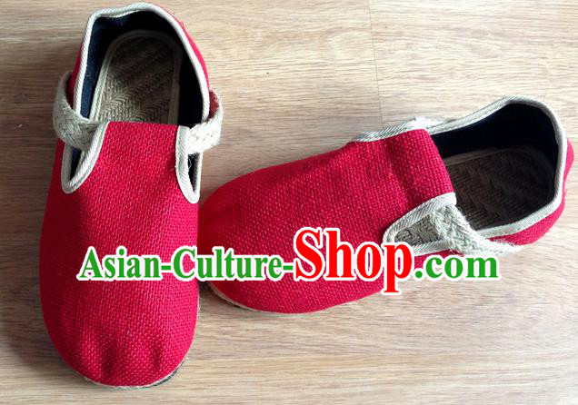 Traditional Top Chinese National Flax Frock Shoes, Martial Arts Kung Fu Straw Plaited Red Shoes, Kung fu Chinese Taichi Shoes for Women