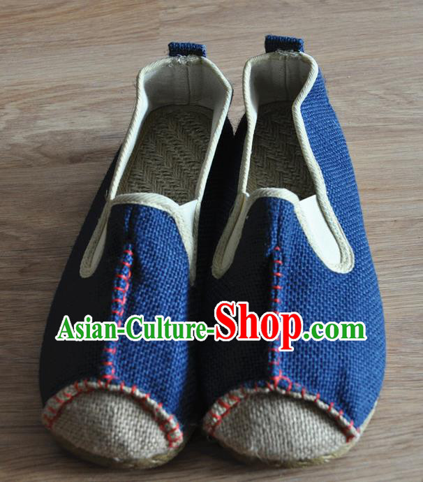 Traditional Top Chinese National Flax Frock Shoes, Martial Arts Kung Fu Rattan Plaited Blue Cloth Shoes, Kung fu Chinese Taichi Shoes for Men