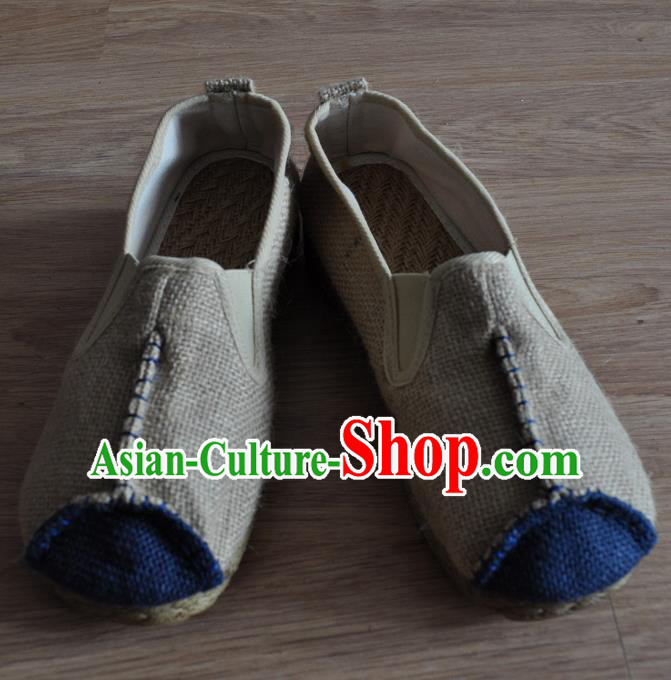 Traditional Top Chinese National Flax Frock Shoes, Martial Arts Kung Fu Rattan Plaited Beige Cloth Shoes, Kung fu Chinese Taichi Shoes for Men