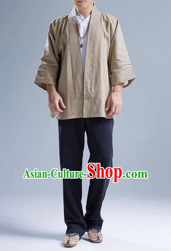 Traditional Top Chinese National Tang Suits Flax Frock Costume, Martial Arts Kung Fu Wheat Short Cardigan, Kung fu Unlined Upper Garment Zen Coat, Chinese Taichi Coats Wushu Clothing for Men