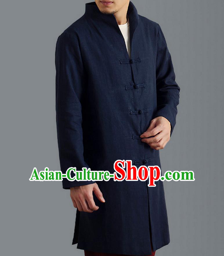 Traditional Top Chinese National Tang Suits Linen Frock Costume, Martial Arts Kung Fu Front Opening Stand Collar Blue Coats, Kung fu Plate Buttons Side Slit Robes, Chinese Taichi Dust Coats Wushu Clothing for Men