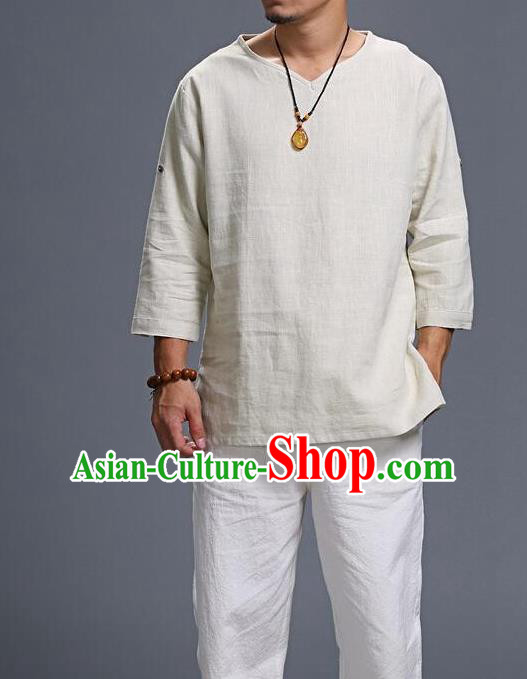 Traditional Top Chinese National Tang Suits Linen Frock Costume, Martial Arts Kung Fu Three Quarter Sleeve Beige T-Shirt, Kung fu Unlined Upper Garment, Chinese Taichi Shirts Wushu Clothing for Men