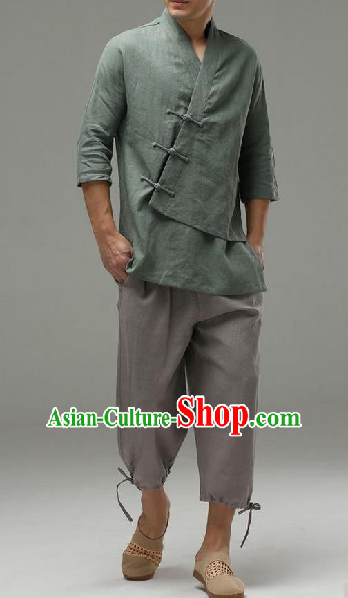 Traditional Top Chinese National Tang Suits Linen Frock Costume, Martial Arts Kung Fu Slant Opening Sleeve Pea-Green Blouse, Kung fu Plate Buttons Unlined Upper Garment, Chinese Taichi Shirts Wushu Clothing for Men