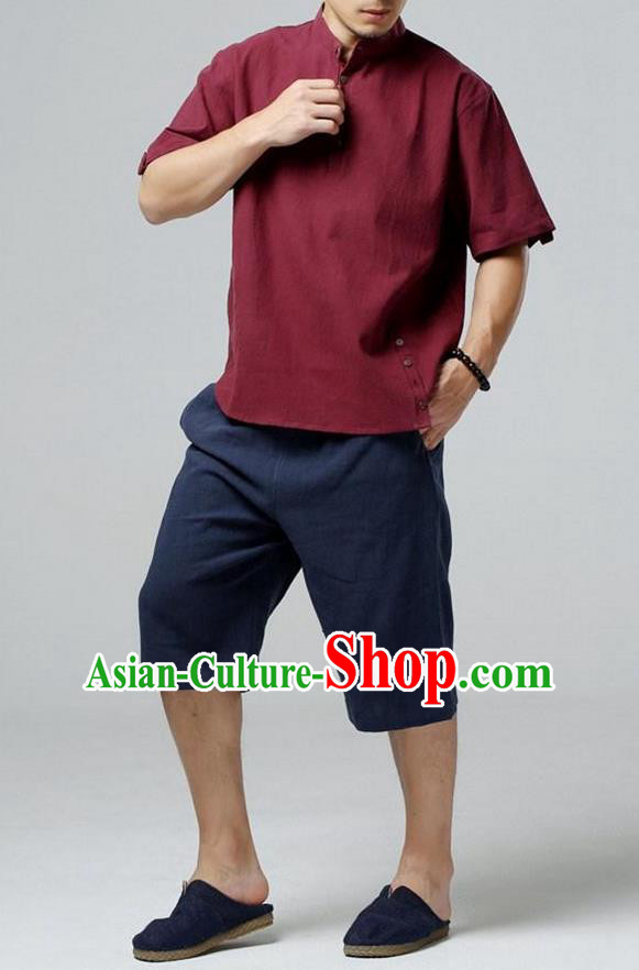 Traditional Top Chinese National Tang Suits Linen Frock Costume, Martial Arts Kung Fu Stand Collar Short Sleeve Dark-Red T-Shirt, Kung fu Plate Buttons Upper Outer Garment, Chinese Taichi Shirts Wushu Clothing for Men